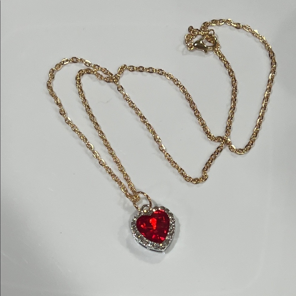 Gold Heart Pendant Necklace with Red Gemstone